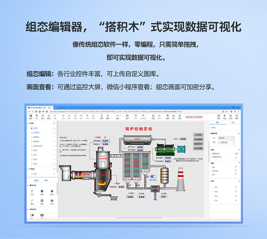 低成本PLC云網(wǎng)關(guān)：組態(tài)編輯器，“搭積木”式實現(xiàn)數(shù)據(jù)可視化