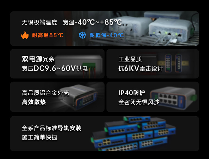 工業(yè)級(jí)交換機(jī)的硬件保護(hù)，可以耐嚴(yán)寒酷暑等惡劣環(huán)境下正常工作